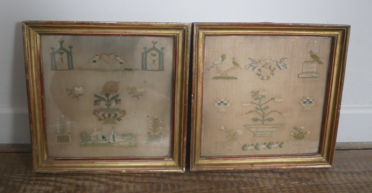 Paire de Travaux en Broderie sous cadre, Oiseaux, Fleurs, XIXème siècle