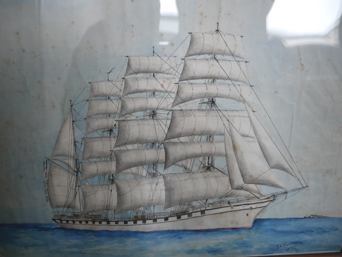 Portrait Of A Ship, The Dunkerque, Four Masts, Watercolor On Paper, 1921-photo-2
