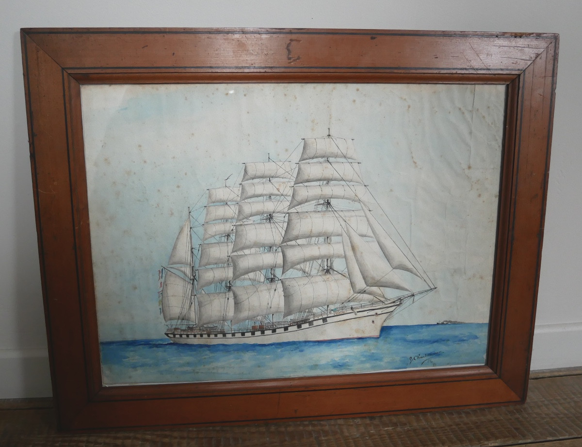 Portrait Of A Ship, The Dunkerque, Four Masts, Watercolor On Paper, 1921