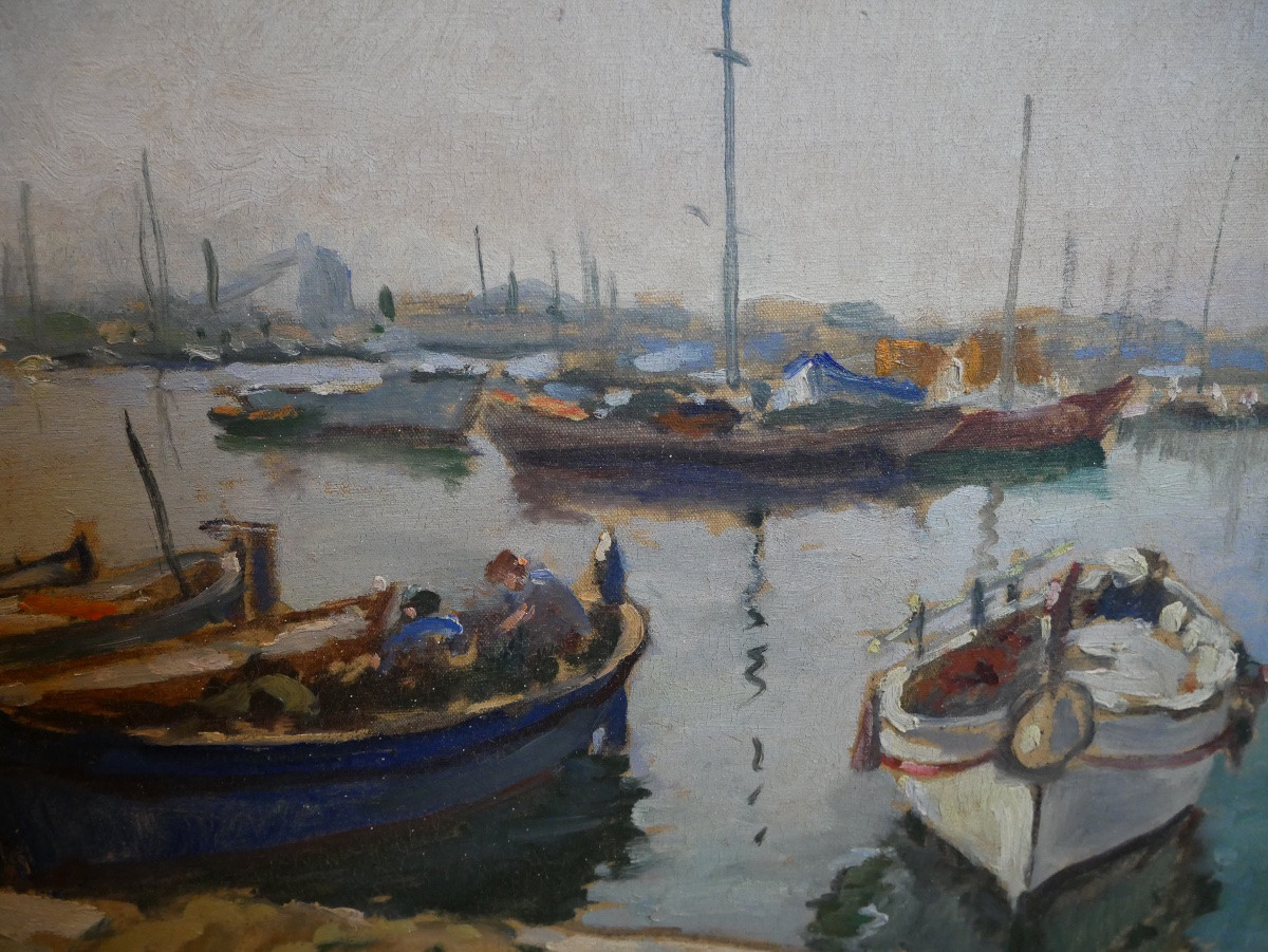 Portal-Pelissier, Vue du Port de L'Estaque, Marseille, Huile sur Toile, Signée, 1950-photo-3