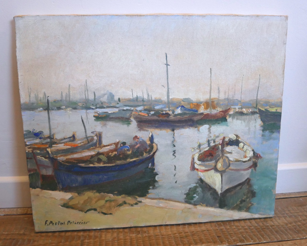 Portal-Pelissier, Vue du Port de L'Estaque, Marseille, Huile sur Toile, Signée, 1950