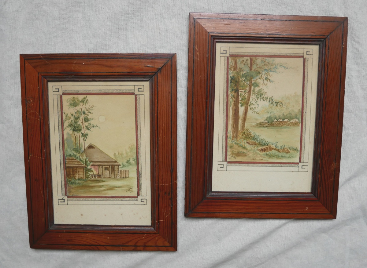 Paire d'Aquarelles, Scènes Indochinoises, A. Gilles, 1922