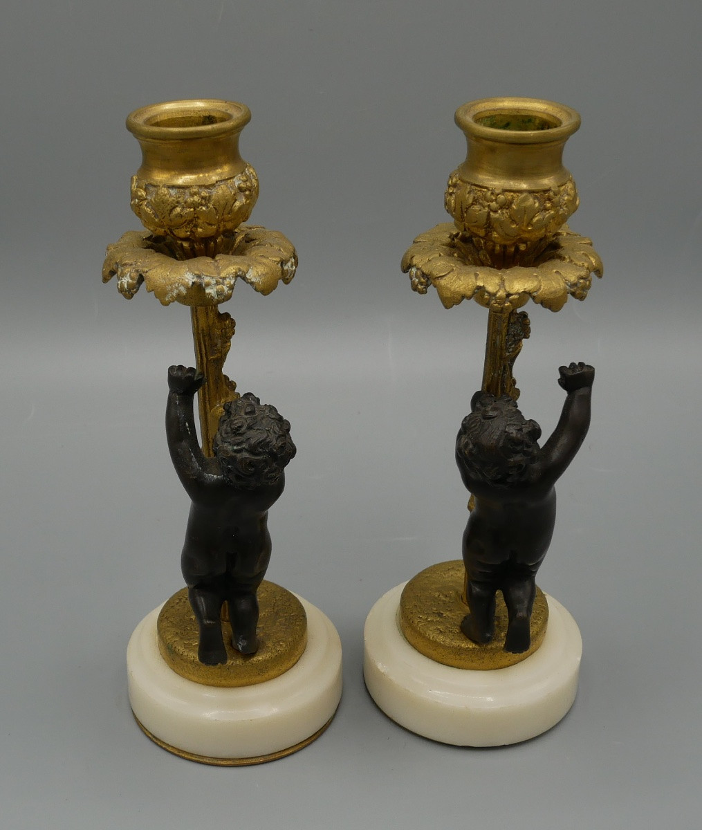 Paire de Bougeoirs en Bronze à deux patines, Chérubins, XIXème-photo-2