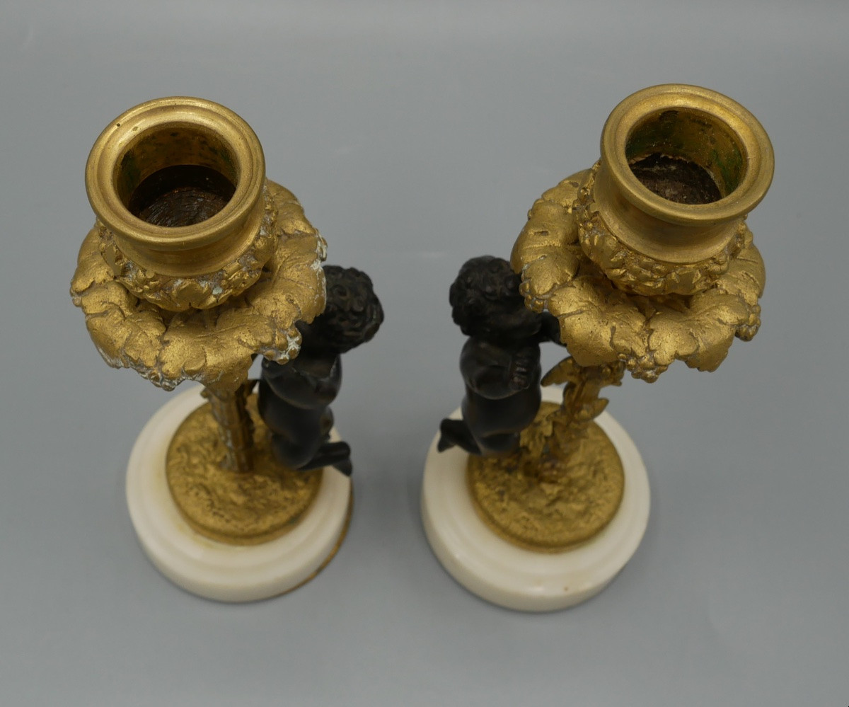Paire de Bougeoirs en Bronze à deux patines, Chérubins, XIXème-photo-4