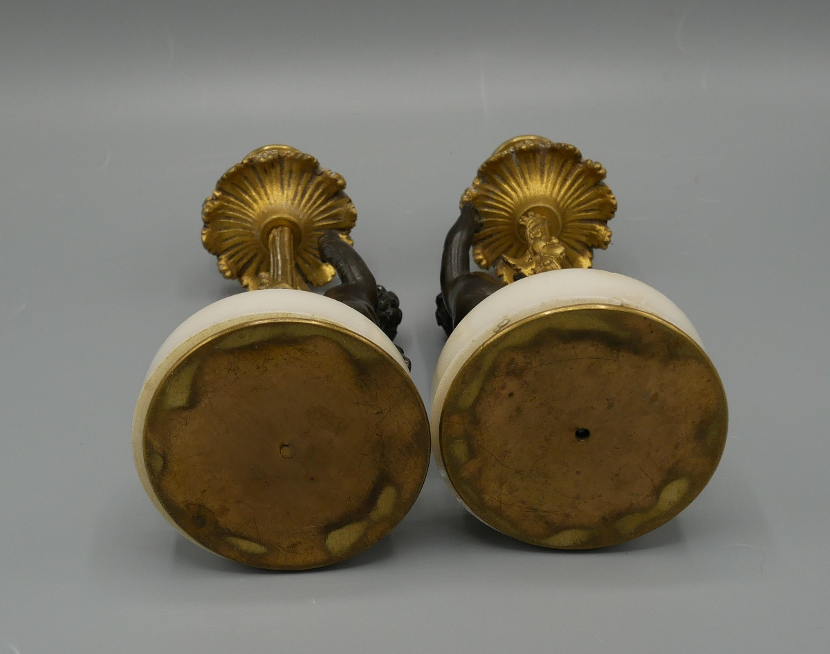 Paire de Bougeoirs en Bronze à deux patines, Chérubins, XIXème-photo-1
