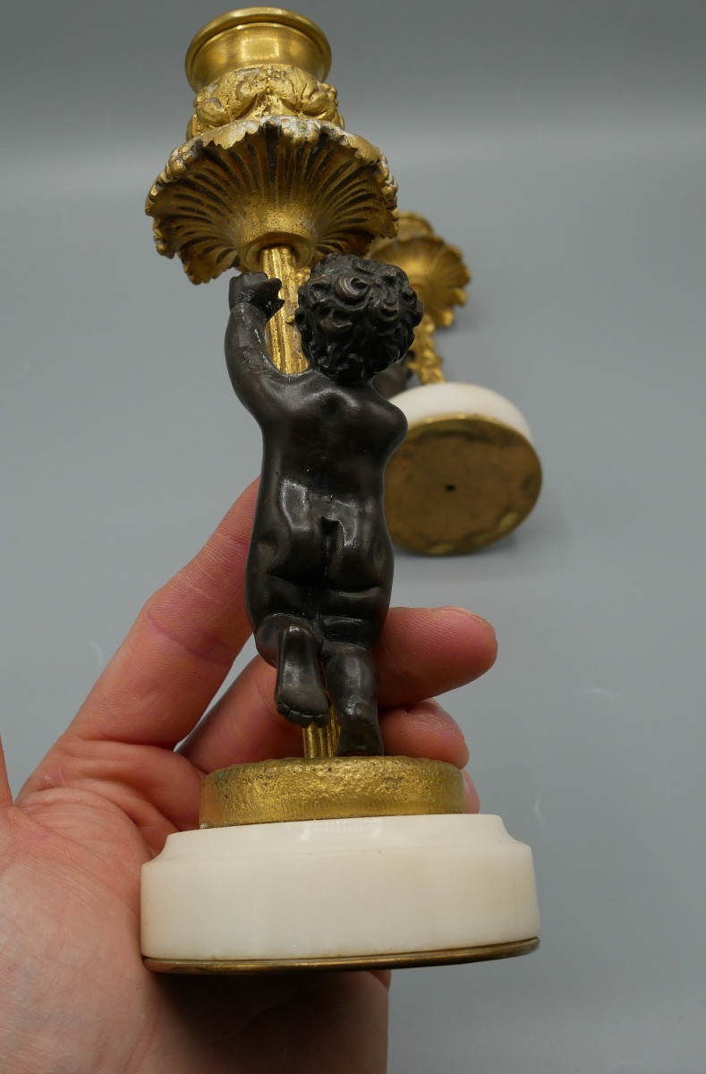 Paire de Bougeoirs en Bronze à deux patines, Chérubins, XIXème-photo-2