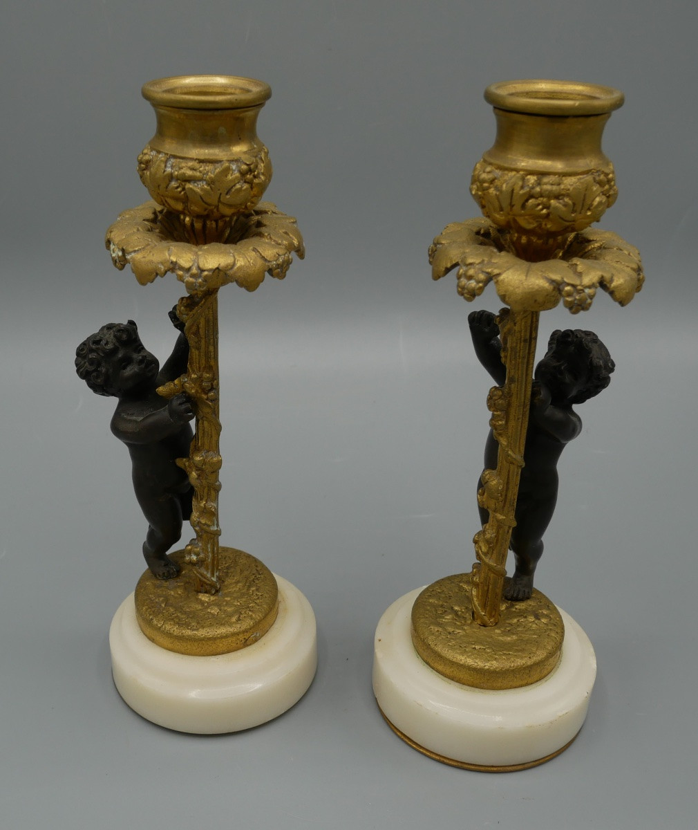 Paire de Bougeoirs en Bronze à deux patines, Chérubins, XIXème-photo-4