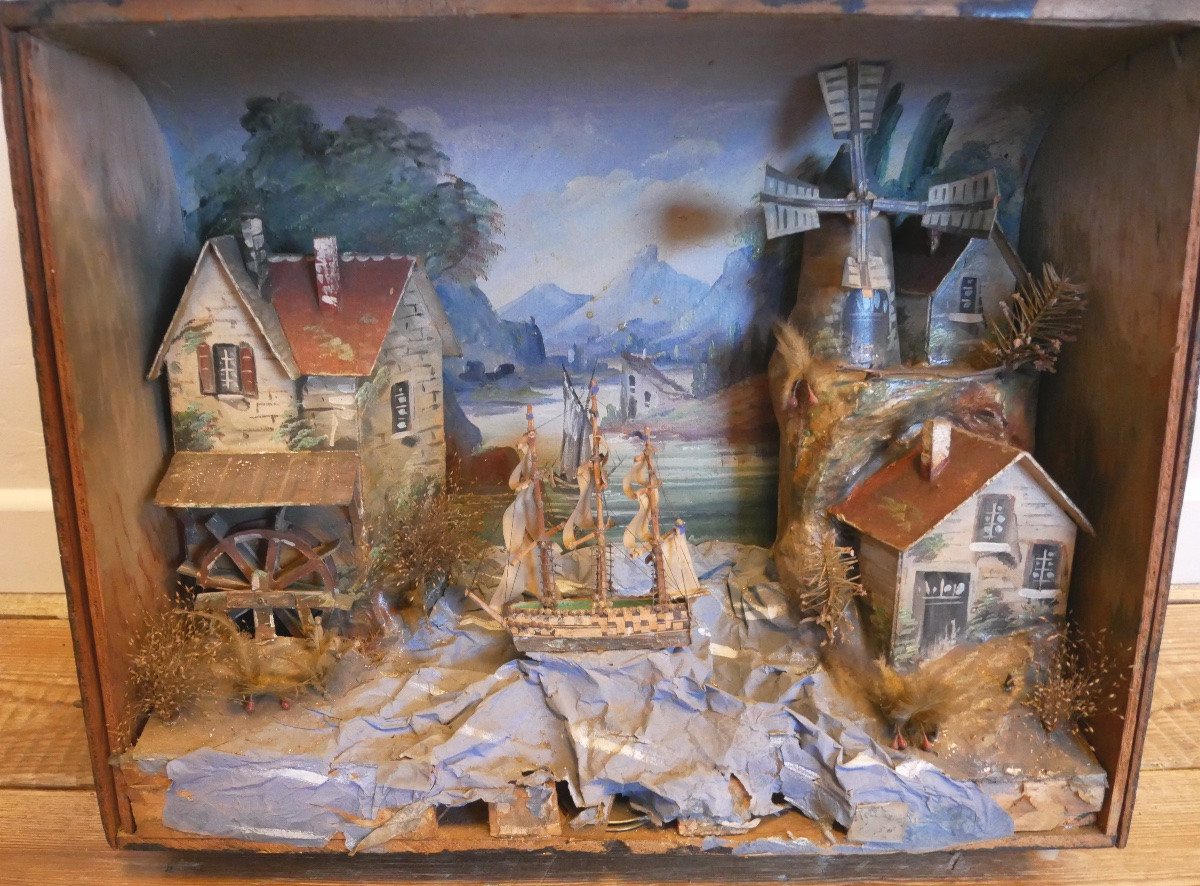 Animated Diorama Of A Boat, Village, Wallpaper, Music Box, 1900-photo-4