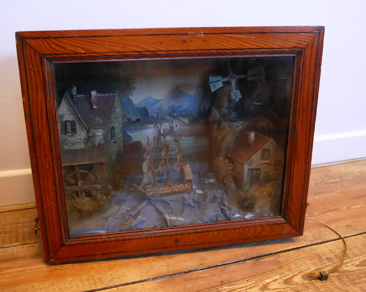 Animated Diorama Of A Boat, Village, Wallpaper, Music Box, 1900