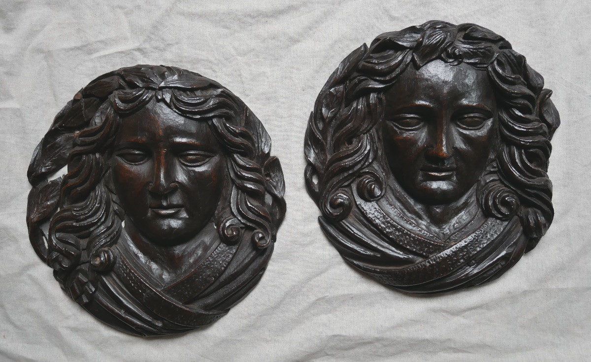 Pair Of Carved Wood Medallions, Faces, 18th, 19th Century-photo-2
