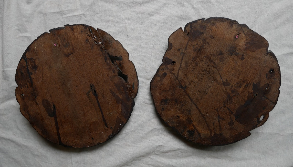 Pair Of Carved Wood Medallions, Faces, 18th, 19th Century-photo-3