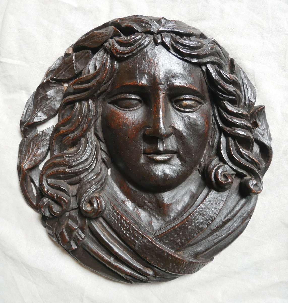 Pair Of Carved Wood Medallions, Faces, 18th, 19th Century-photo-1