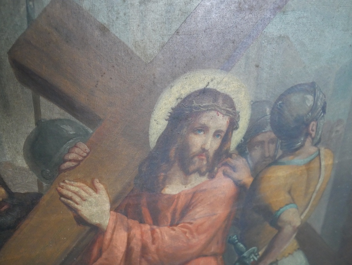 Stations Of The Cross, Christ Carrying The Cross, Oil On Canvas, 19th Century-photo-4