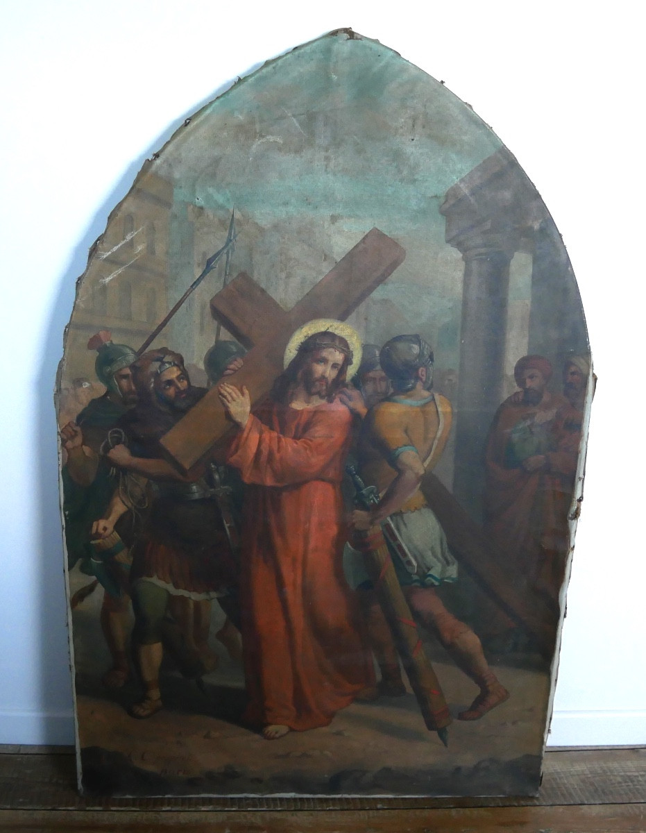 Stations Of The Cross, Christ Carrying The Cross, Oil On Canvas, 19th Century