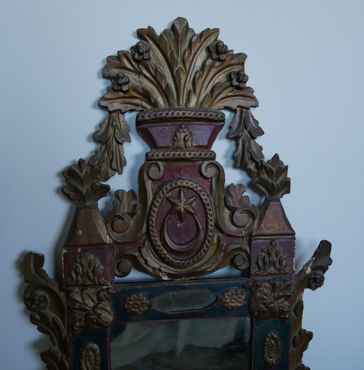 Miroir en Bois Sculpté Polychrome, Corbeille, XVIIIème, XIXème siècle-photo-2