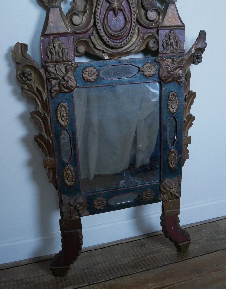Miroir en Bois Sculpté Polychrome, Corbeille, XVIIIème, XIXème siècle-photo-3