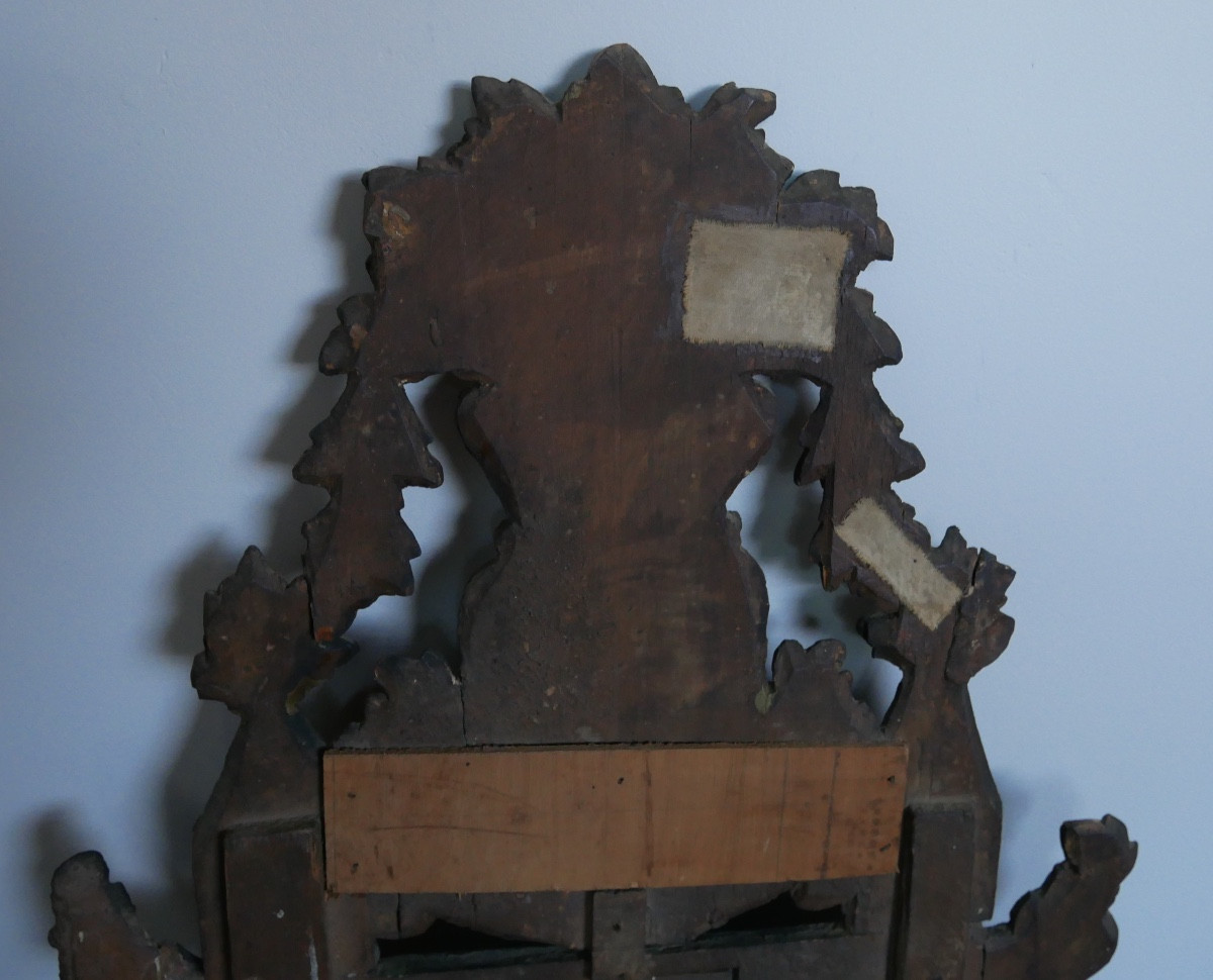 Miroir en Bois Sculpté Polychrome, Corbeille, XVIIIème, XIXème siècle-photo-1