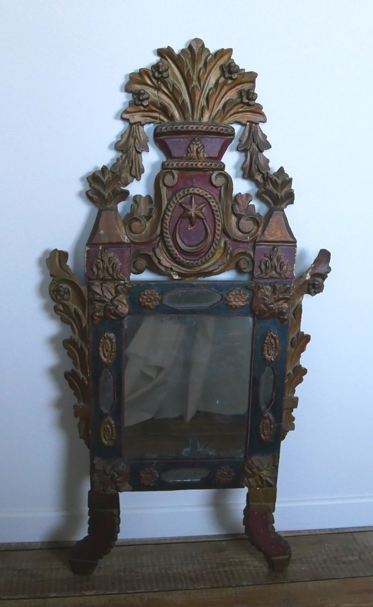 Miroir en Bois Sculpté Polychrome, Corbeille, XVIIIème, XIXème siècle