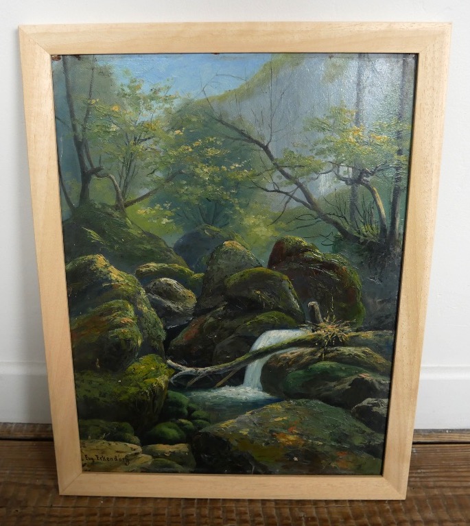 Eugène Eckendorf, Oil On Cardboard, Waterfall, 1900