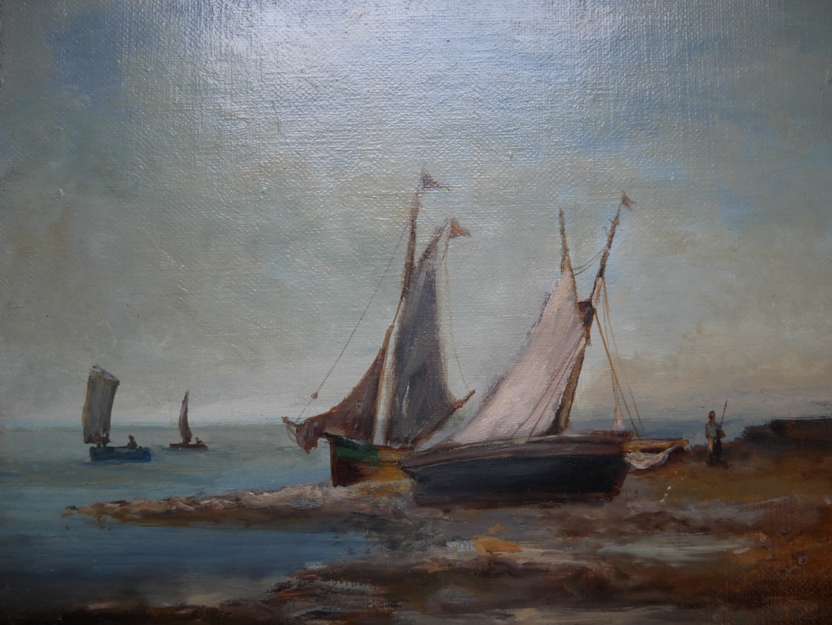 Huile Sur Toile, Marine, Bateaux échoués, signée, 1900-photo-2