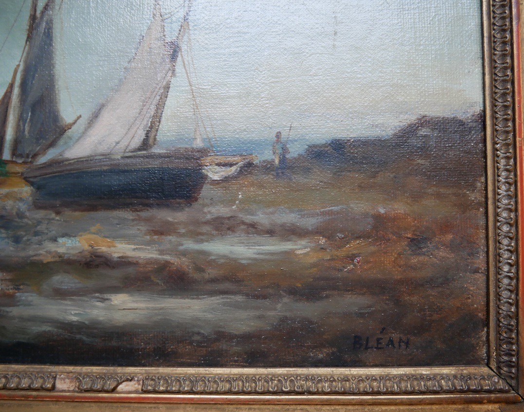 Huile Sur Toile, Marine, Bateaux échoués, signée, 1900-photo-3