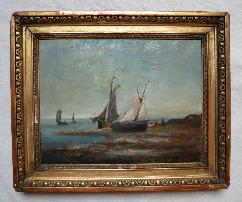 Huile Sur Toile, Marine, Bateaux échoués, signée, 1900