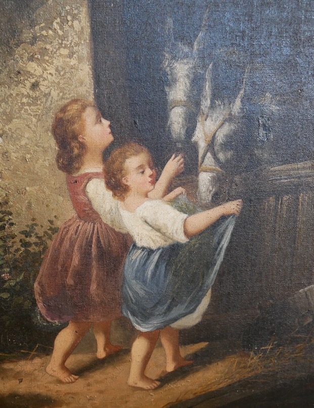 Oil On Canvas, Children And Mules, Signed, 19th Century-photo-3