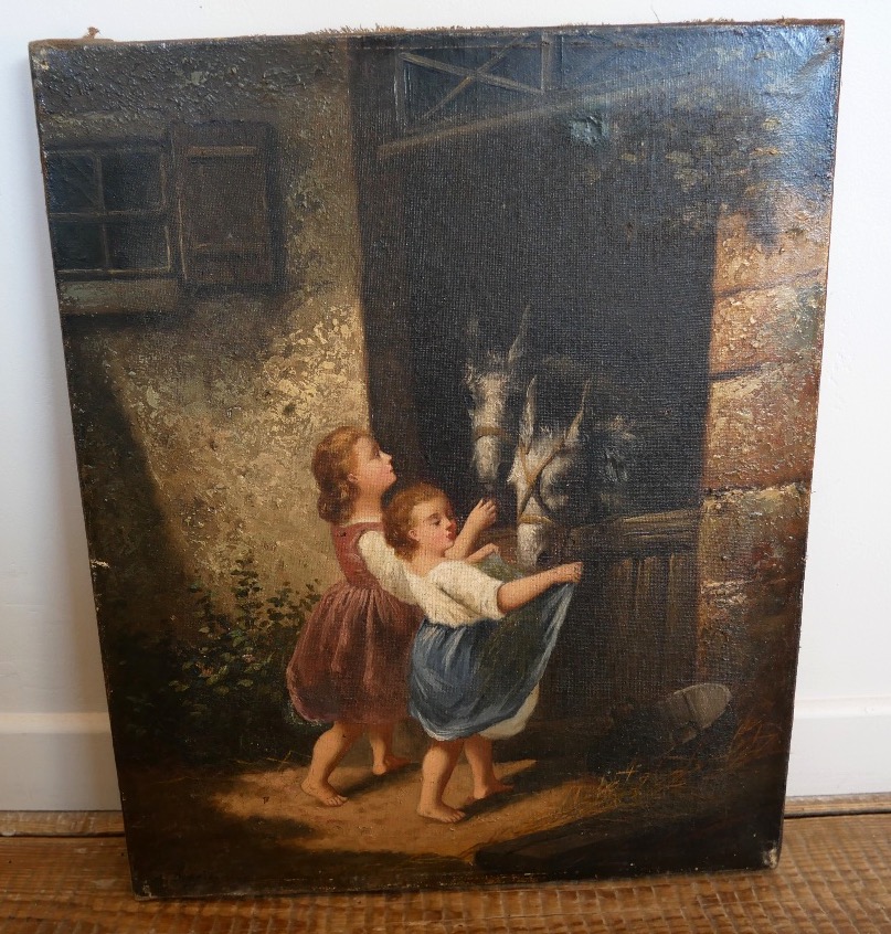 Oil On Canvas, Children And Mules, Signed, 19th Century