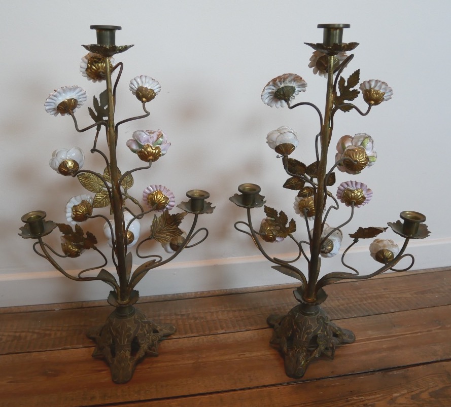 Pair Of Mariaux Porcelain Flower Candelabra, Altar Candelabra, 19th Century-photo-1