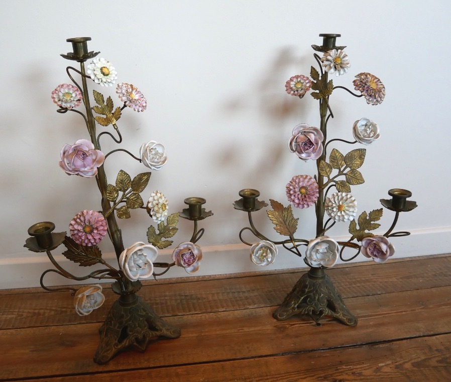Pair Of Mariaux Porcelain Flower Candelabra, Altar Candelabra, 19th Century