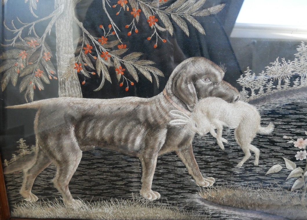 Grande Broderie Sur Soie, Chien au Lièvre, Cynégétique, Asie, Travail de Couvent, 1900-photo-2