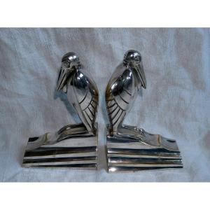 Art Deco Bookends In Silver Bronze, Figuring Marabouts, Signed Guido, 1930