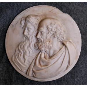 Important Médaillon à l'Antique En Marbre Sculpté De Deux Profiles d'Homme Barbus, Charon et Cerbère, XIXème Siècle