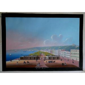 Gouache Napolitaine, Villa Reale, Baie De Naples, XIXème