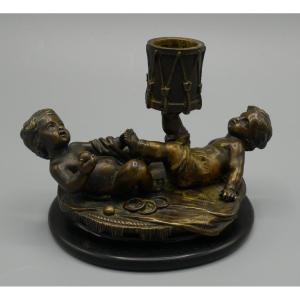 Bougeoir En Bronze, Enfants Au Tambour, Chérubins, Putti, XIXème Siècle