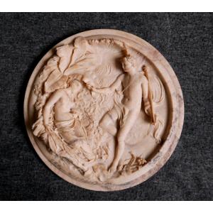Ew Wyon, Carved Marble Medallion, Antique Scene, 1848, 19th Century