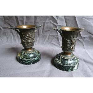 Pair Of Cassolettes In Bronze And Green Marble, Floral Decor, Vases, 19th Century