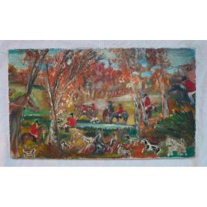 Tableau Naïf, Scène de Chasse à Courre, Huile sur Toile, Cynégétique, Vénerie, 1960