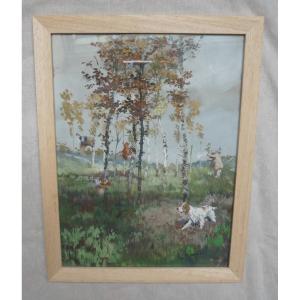 Gabriel Chefson dit Lamotte, Chasse aux Perdrix, Gouache sur Papier, XXème
