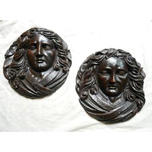Pair Of Carved Wood Medallions, Faces, 18th, 19th Century