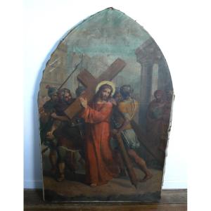 Stations Of The Cross, Christ Carrying The Cross, Oil On Canvas, 19th Century