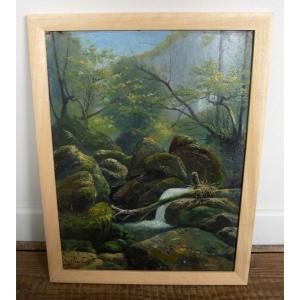 Eugène Eckendorf, Oil On Cardboard, Waterfall, 1900