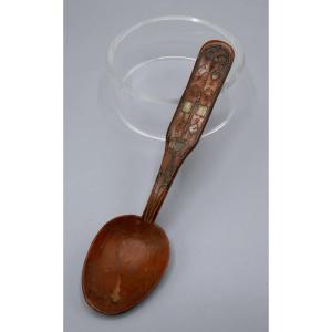 Cuillère de Mariage Bretonne en Bois Sculpté et Incrustations, Bretagne, XIXème siècle