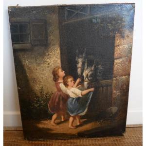 Huile Sur Toile, Enfants et Mules, Signé, XIXème