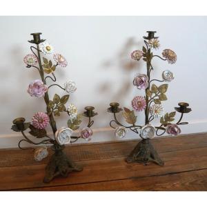 Pair Of Mariaux Porcelain Flower Candelabra, Altar Candelabra, 19th Century
