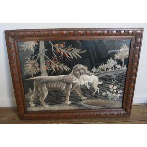Large Silk Embroidery, Dog With Hare, Hunting Scene, Asia, Convent Work, 1900
