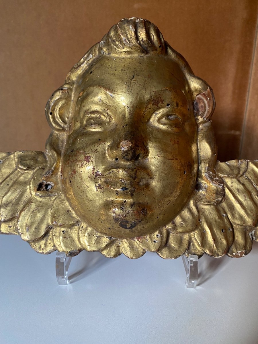 Angel Head In Golden Wood, Bas Relief, Louis XIV Period-photo-5