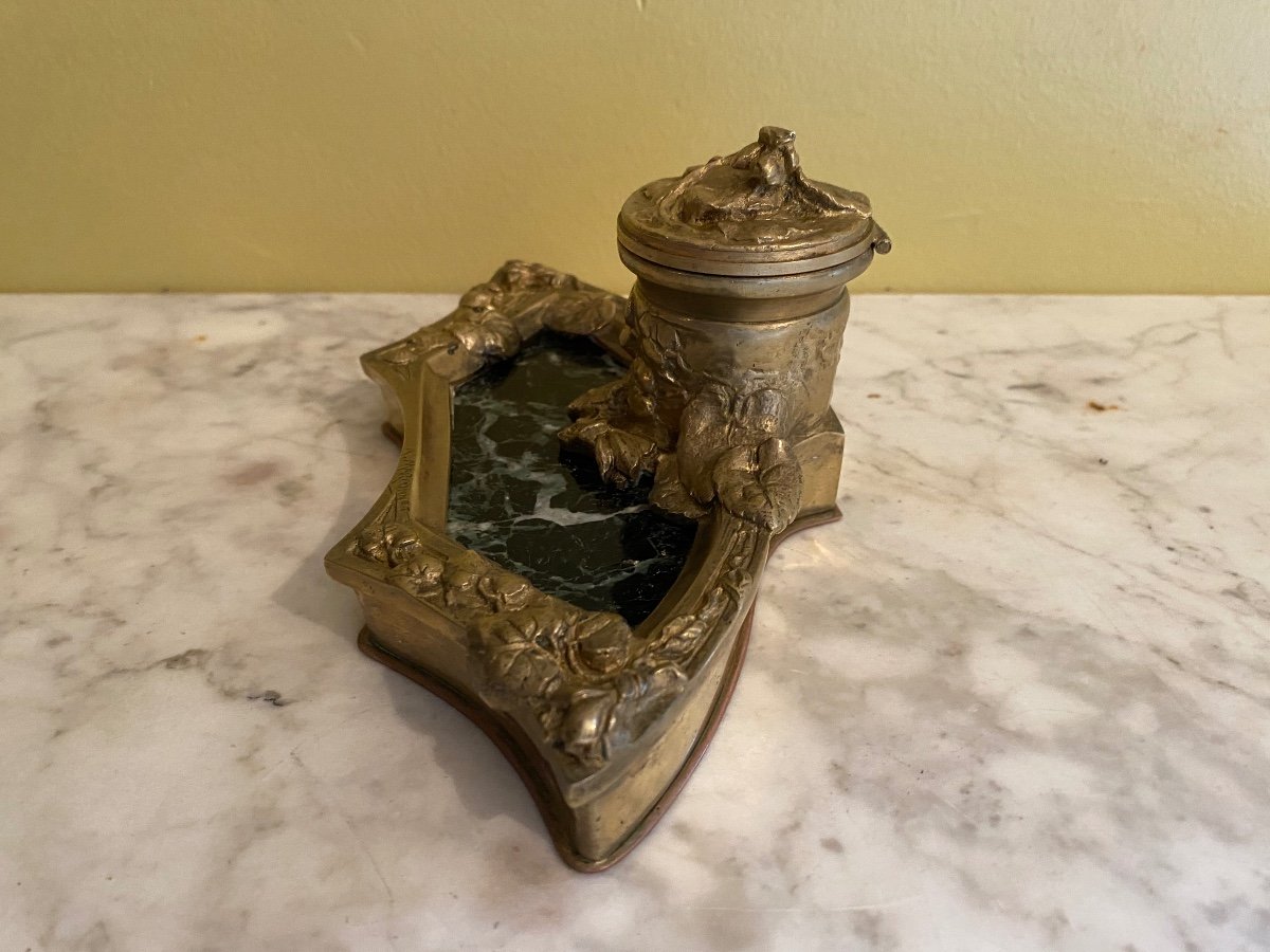 Inkwell Art Nouveau Albert Marionnet, Bronze And Marble, Late Nineteenth Time-photo-3