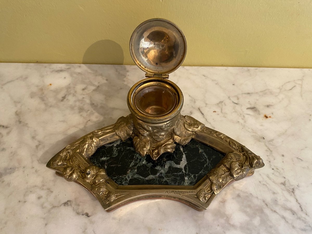 Inkwell Art Nouveau Albert Marionnet, Bronze And Marble, Late Nineteenth Time-photo-5
