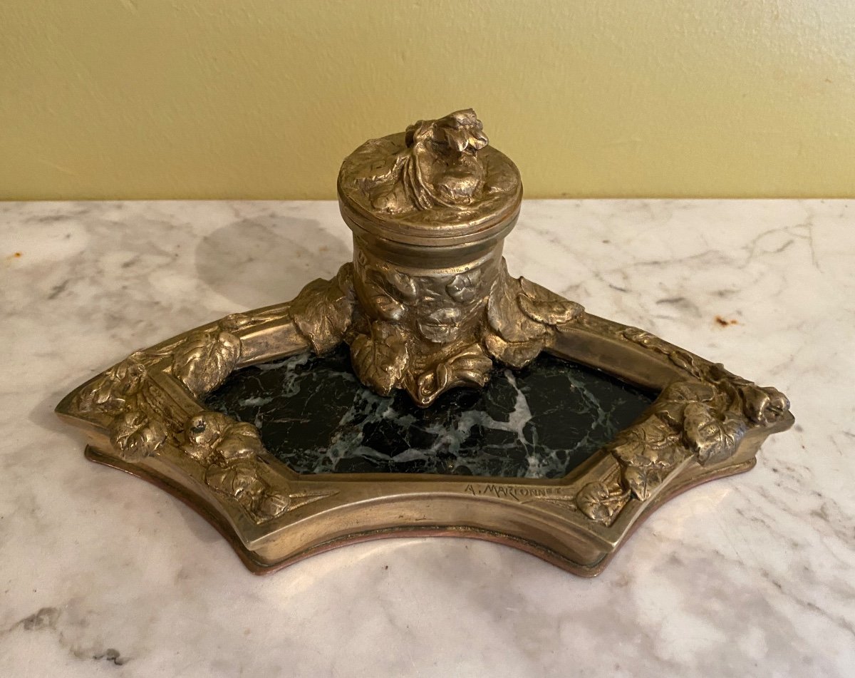 Inkwell Art Nouveau Albert Marionnet, Bronze And Marble, Late Nineteenth Time